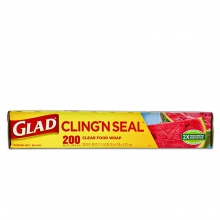 GLAD CLING'N SEAL CLEAR FOOD WRAP 200 SQ FT  -  63m X 29.5cm      CLEAR FOOD WRAP   MICROWAVE SAFE   BPA  FREE   AIR TIGHT SEAL   2 X FRESHNESS PROTECTION   MOISTURE BLOCK